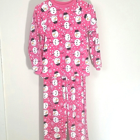 Girls Pajamas fleece Snowman print pink white pj's 2 pieces matching EUC sz 10 - Picture 1 of 4